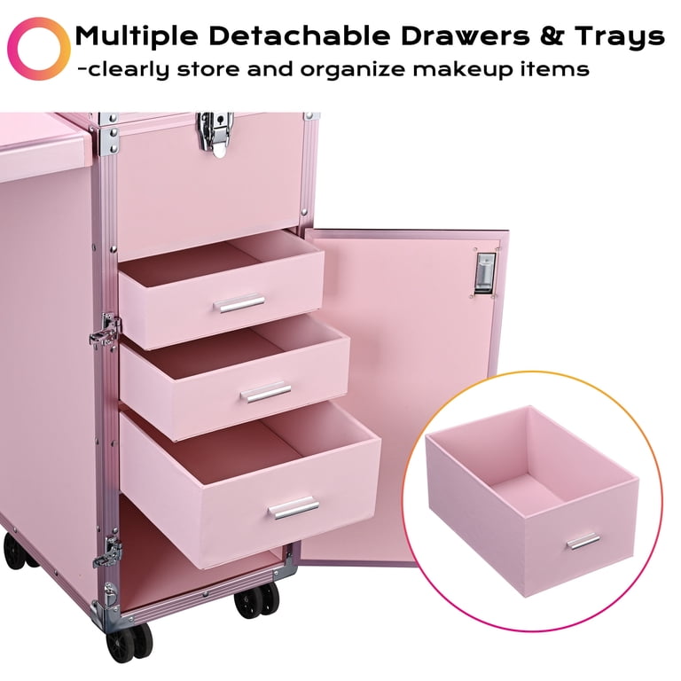 Byootique Portable Pink Trolley, Makeup Train Case, Nail Desk