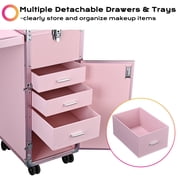 Byootique Nail Desk Mobile Station Rolling Makeup Train Case Manicure Table with Telescopic Handle, Pink