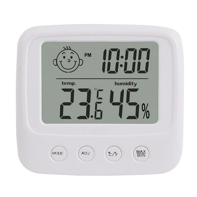 Mistaha Digital Temperature and Humidity Monitor with Time Function, Portable Thermohygrometer, Indoor Outdoor Thermometer, Cartoon Comfort Indicator, White/Blue, ABS Material, No Backlight