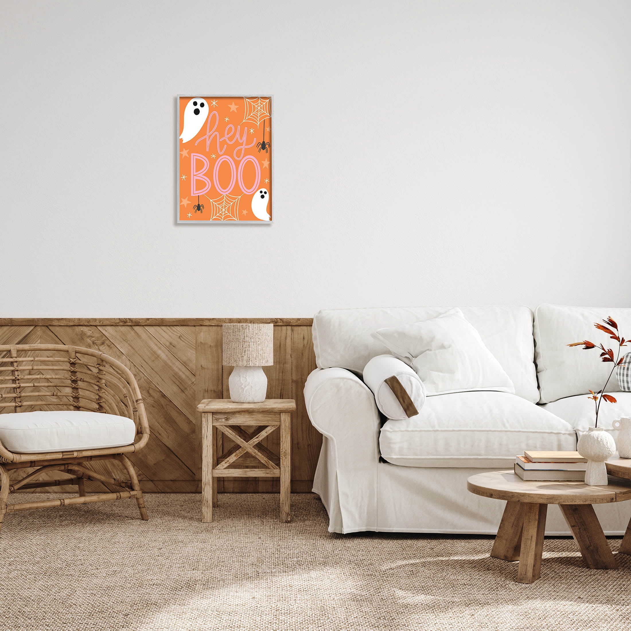 Hey Boo Orange Halloween Ghosts Holiday Graphic Art Gray Framed Art Print Wall Art