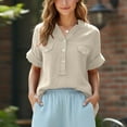 thumbnail image 6 of Summer Linen T-Shirt for Women V-Neck Button Pullover Tops Fashion Comfy Short Sleeve Shirt, 6 of 8