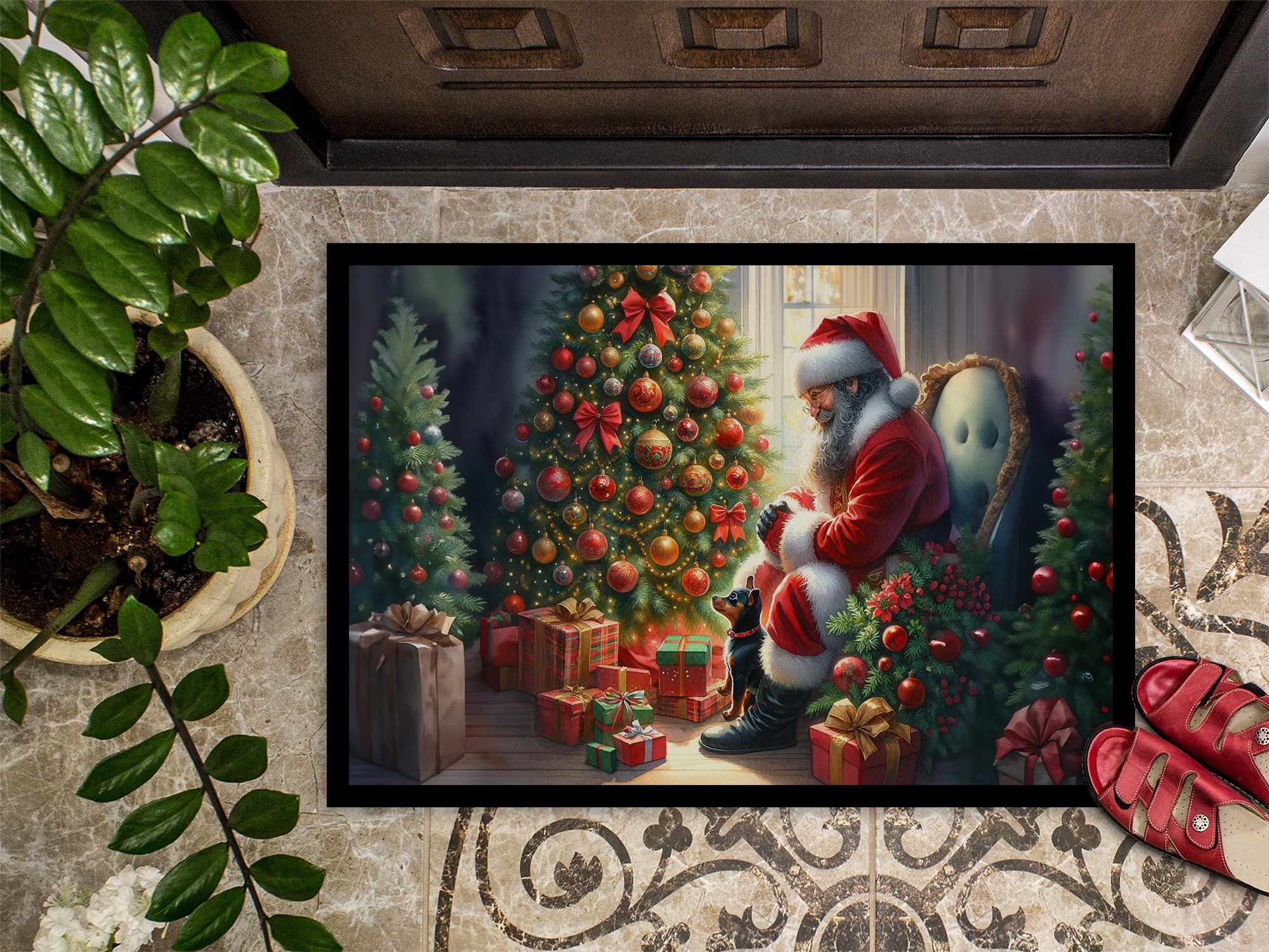 Caroline's Treasures DAC4142JMAT Miniature Pinscher and Santa Claus Doormat Front Door Mat Indoor Outdoor Rugs for Entryway, Non Slip Washable Low Pile, 24H X 36W
