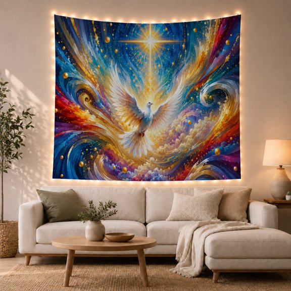 Moon Stars Radiant with Dove Wings Fully Spread, Mystical Fantasy for Space Lovers, Galaxy Room Decor, Housewarming Gift, Tapestry Wall Hanging for Bedroom and Dorm