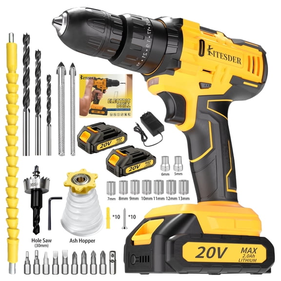 20V Cordless Impact Drill, 45Nm 2-Speed with LED Light, 48/54Pcs Tool Kit, 2×2.0Ah Batteries & Charger, for Home Repair Construction