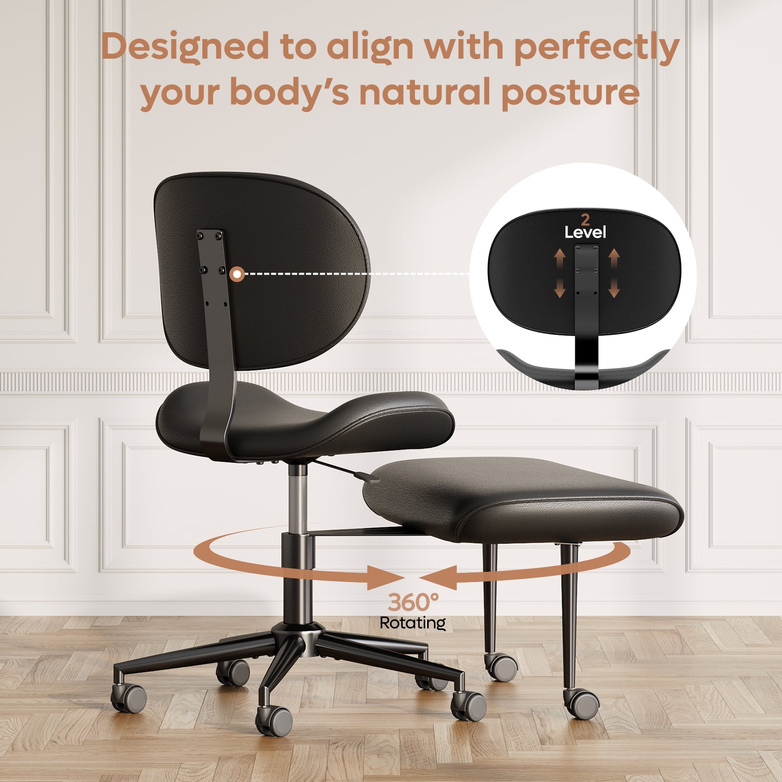 Pinmoco Extra Wide Armless Office Chair for Cross Legged Sitting, Ergonomic Swivel Desk Chair with Faux Leather, Comfy Task Chair for Home Office, Gaming & Meditation, Black