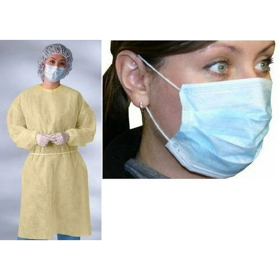 Combo Pack of 50 Yellow Disposable Isolation Gowns and 200 Ear Loop Face Masks