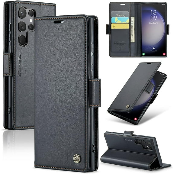 Samsung Galaxy S23 Ultra Wallet Case with RFID Blocking, Samsung S23 Ultra Case Wallet for Women Men Card Holder Magnetic Clasp Kickstand Leather Book Folio Case for Galaxy S23 Ultra Black