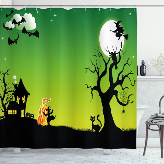Ambesonne Halloween Shower Curtain, Dancing Witch, 69"Wx84"L, Black Green