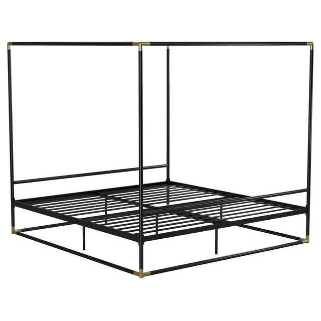 King size black metal canopy bed frame with gold corner accents and slatted base for mattress support.