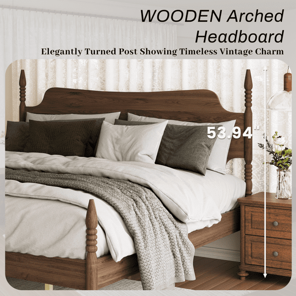 King Size Platform Bed Frame, Spindle Bed with Curved Tall Headboard, No Box Spring Needed, Retro Four Poster Bed, Walnut