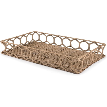 happimess TRY1001A Honeycomb 19.75" Rustic Bohemian Hand-Woven Rattan Tray for Storage,Decoration, Display, Coffee Table or Serving Food, Natural