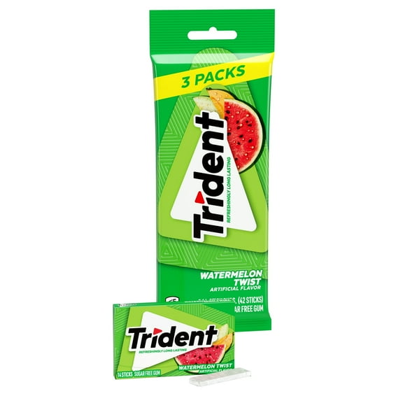Trident Sugar Free Gum, Watermelon, 3 Packs of 14 Regular Size Pieces (42 Total Pieces) ( 2 Pack of 3 )