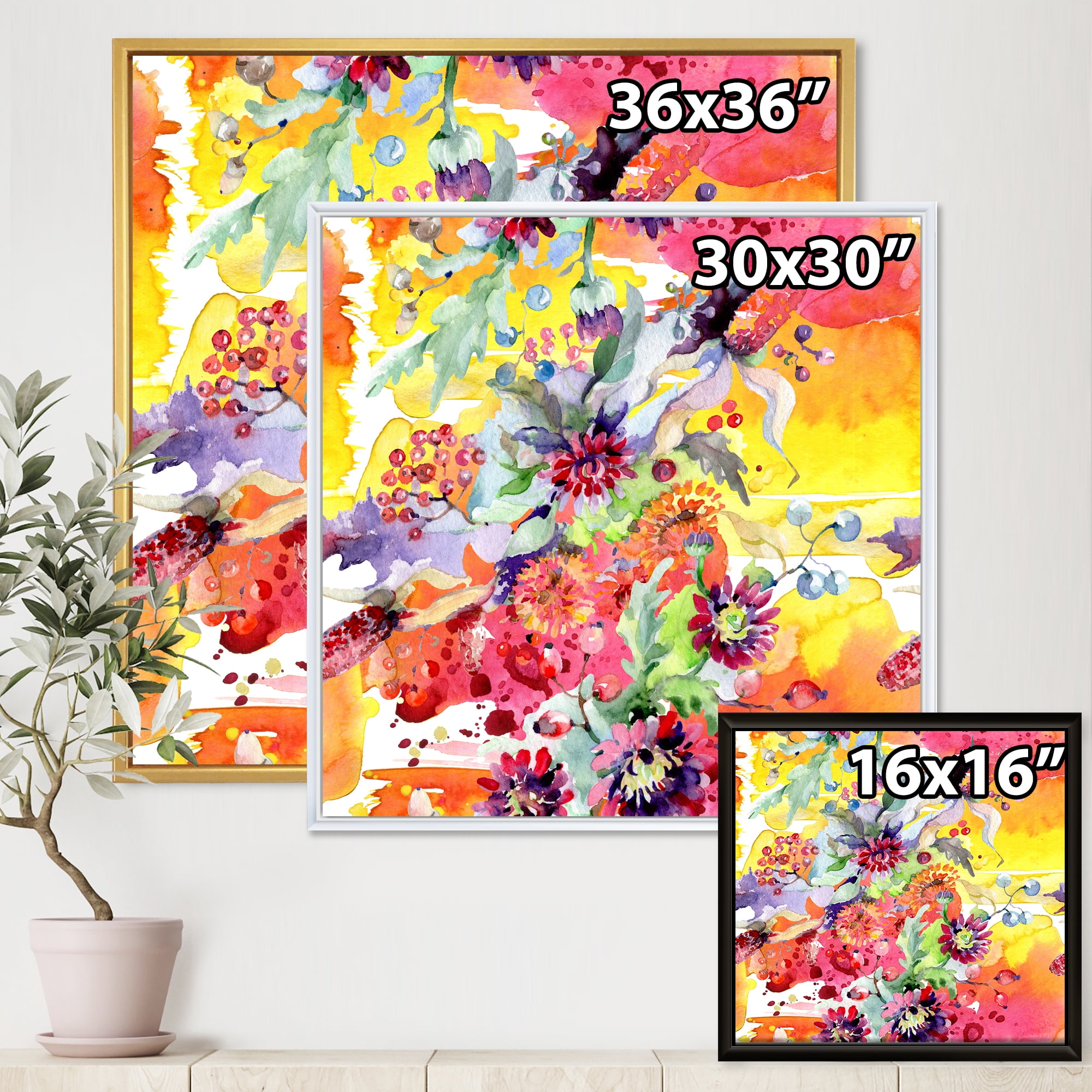 Designart 'Wildflowers and Vibrant Wild Spring Leaves' Modern Framed Canvas Wall Art Print