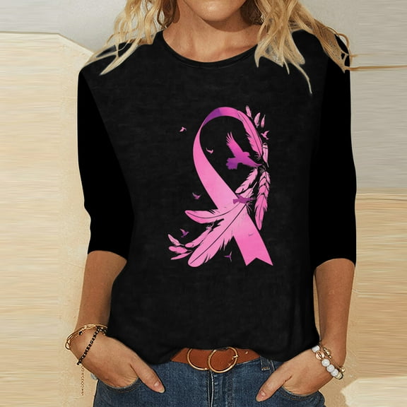 Simua Womens Pink Ribbon Tops 3/4 Sleeve Shirts Round Neck Loose Casual Blouses Breast Cancer Awarness Tshirts