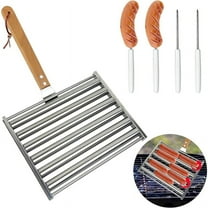 Hot Dog Roller for Girll Sausage Roller Stainless Steel Rack with Wood Handle & 4 BBQ Skewers Evenly Silver Stainless steel beech