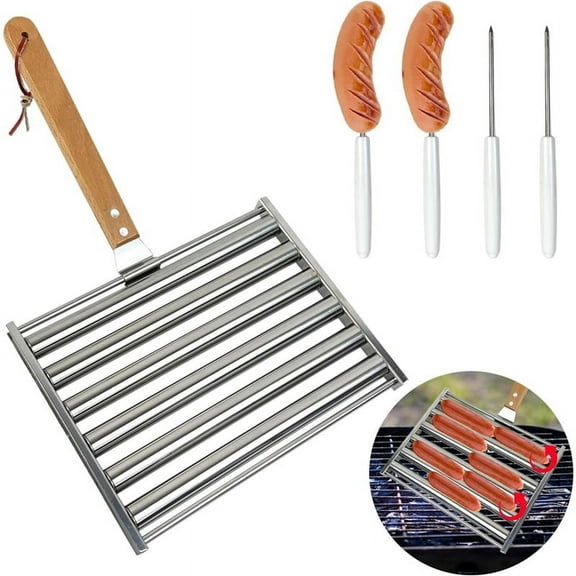 Hot Dog Roller for Girll Sausage Roller Stainless Steel Rack with Wood Handle & 4 BBQ Skewers Evenly Silver Stainless steel beech
