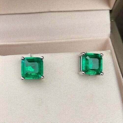 3Ct Asscher Cut Green Emerald Lab Created Stud Earrings 14K White Gold Finish Silver