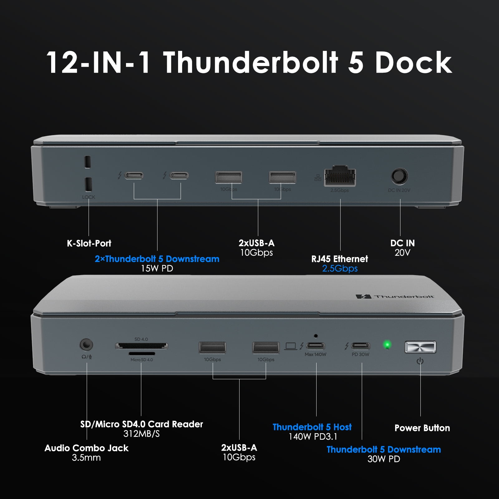 WAVLINK 12-in-1 Laptop Docking Station with 140W Charging, Triple 4K/Dual 8K Display USB Hub Thunderbolt 5 Dock with TB5 Ports, 2.5G Ethernet, USB-A 10Gbps for TB5/4 Laptops