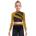 thumbnail image 1 of renvena Girls Long Sleeve Lyrical Dance Crop Top Sequins Backless Rhinestones Press Button Jazz Hip Gold 6, 1 of 7