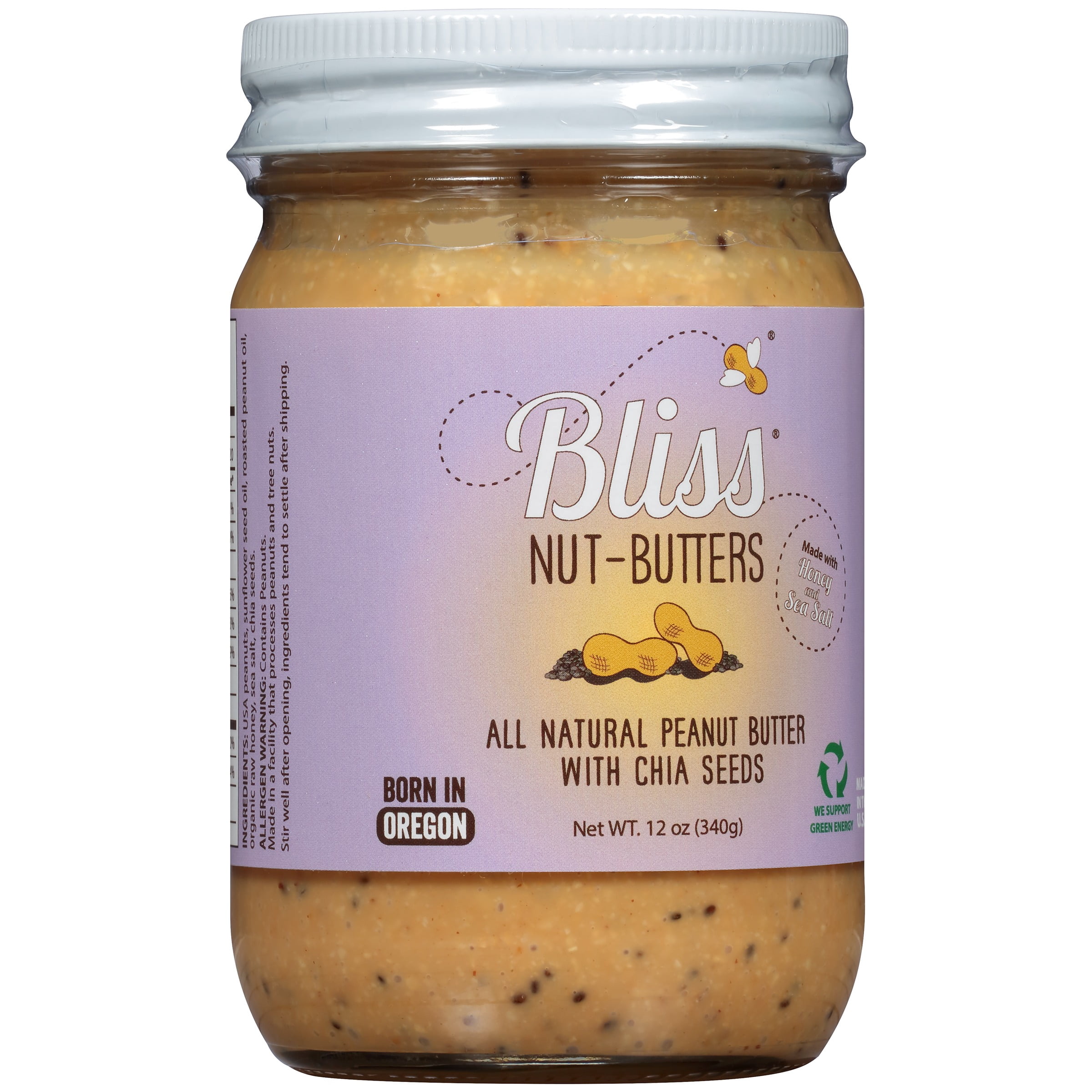 Bliss Nut-Butters All Natural Peanut Butter with Chia Seeds, 12 oz