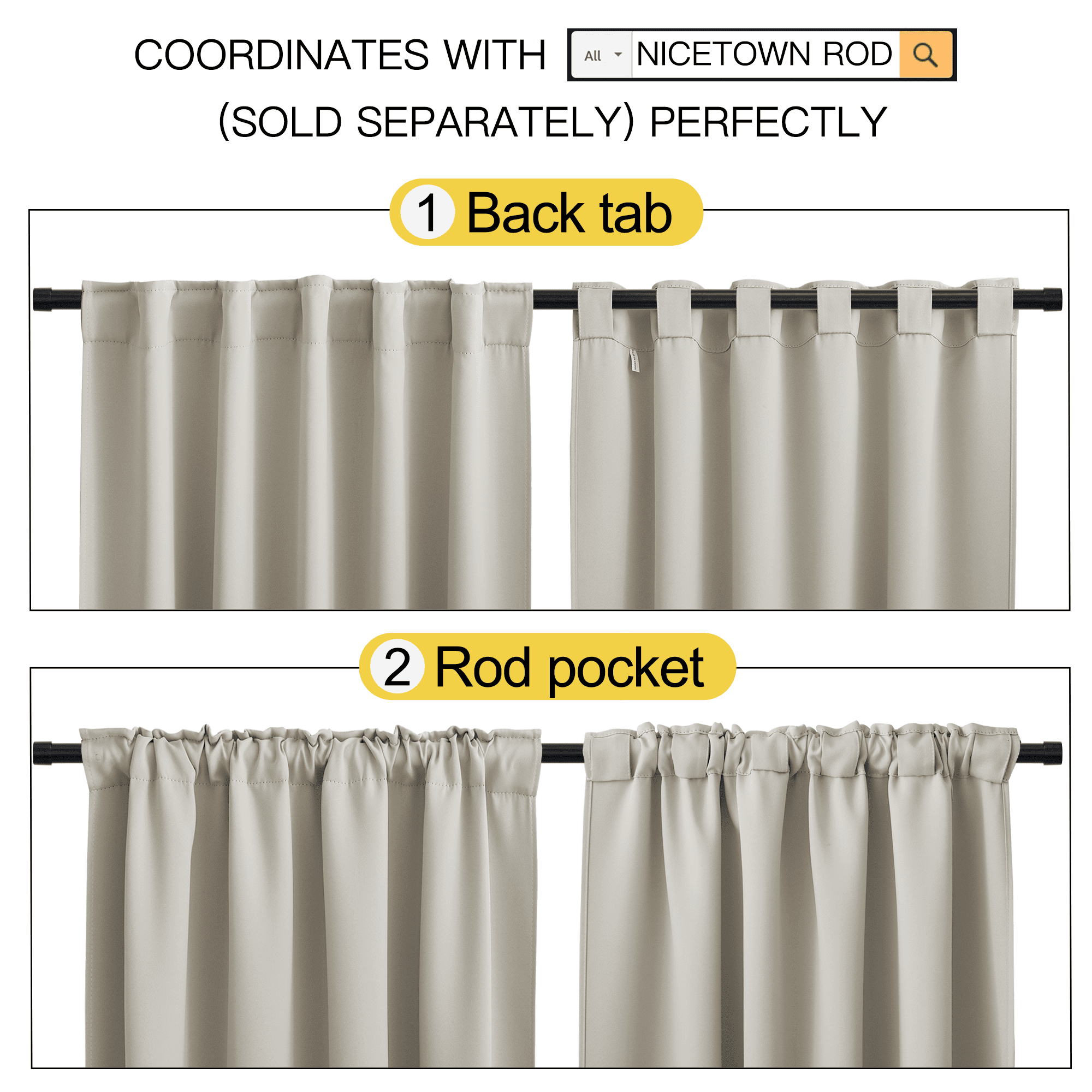 NICETOWN Bedroom Black out Curtains Modern Thermal Insulation Backtab & Rod Pocket Drapes, W52 x L95, 2 Panels, Natural