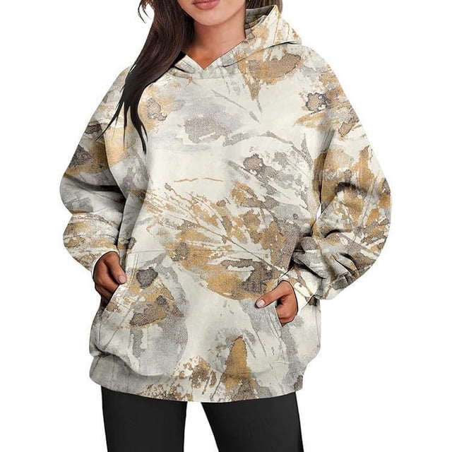 Sudadera con capucha deportiva de gran tamaño con estampado de hojas de arce y bolsillos para mujer nueva de otoño