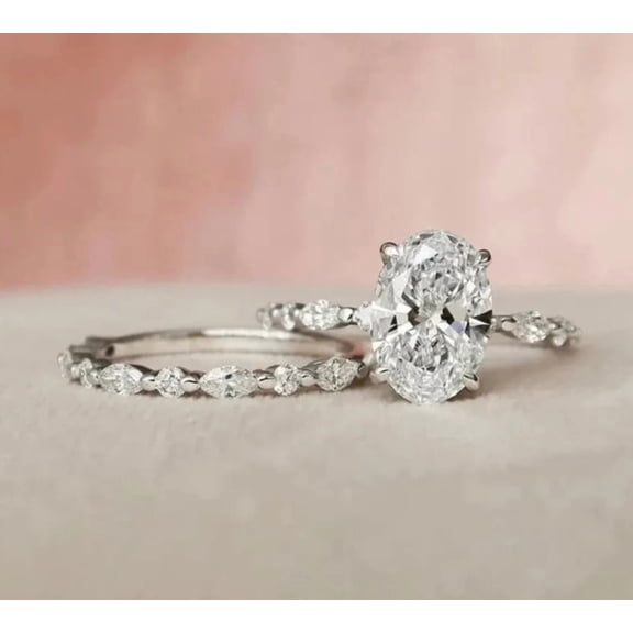 Bluebell Jewels 14k White Gold Plated 2ctw Oval Moissanite Solitaire Engagement Ring Set for Women