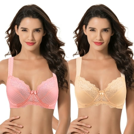 

Curve Muse Women s Plus Size Unlined Underwire Lace Bra with Cushion Straps-PINK PRINT NUDE- Size:38B