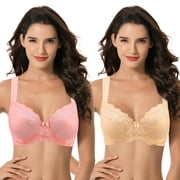 Curve Muse Women's Plus Size Unlined Underwire Lace Bra with Cushion Straps-PINK PRINT,NUDE- Size:44DD
