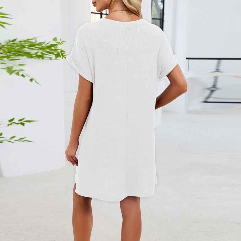 purcolt Womens Waffle Knit Sleep Dress Nightgowns Embroidered Lace Crew  Neck Short Sleeve Sleepshirt Casual Loose Sleepwear