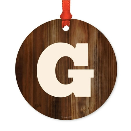 Metal Christmas Ornament, Monogram Letter G, Rustic Wood, Includes Ribbon and Gift Bag