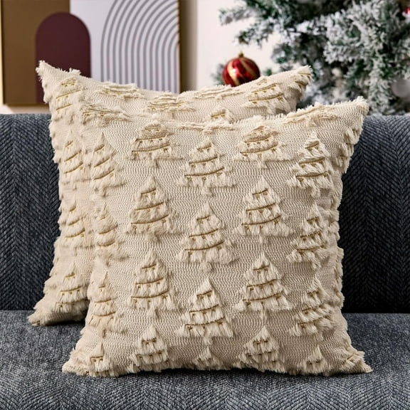 Christmas Tree Decorative Throw Pillow Covers Set of 2, 18x18" Soft Fluffy Pillow Cases, Faux Fur Fuzzy Pillows Covers Winter Holiday Cushion Cases for Sofa Couch Bedroom Living Room Home Décor