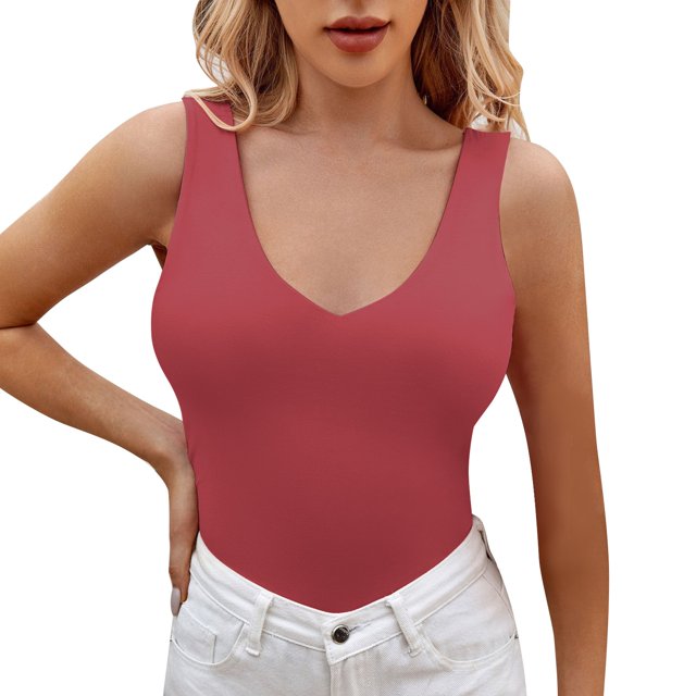Gibobby Verano mujer sin mangas Sexy cuello en V profundo Color sólido camiseta sin mangas Casual Slim chaleco blusa(Rojo,XG)