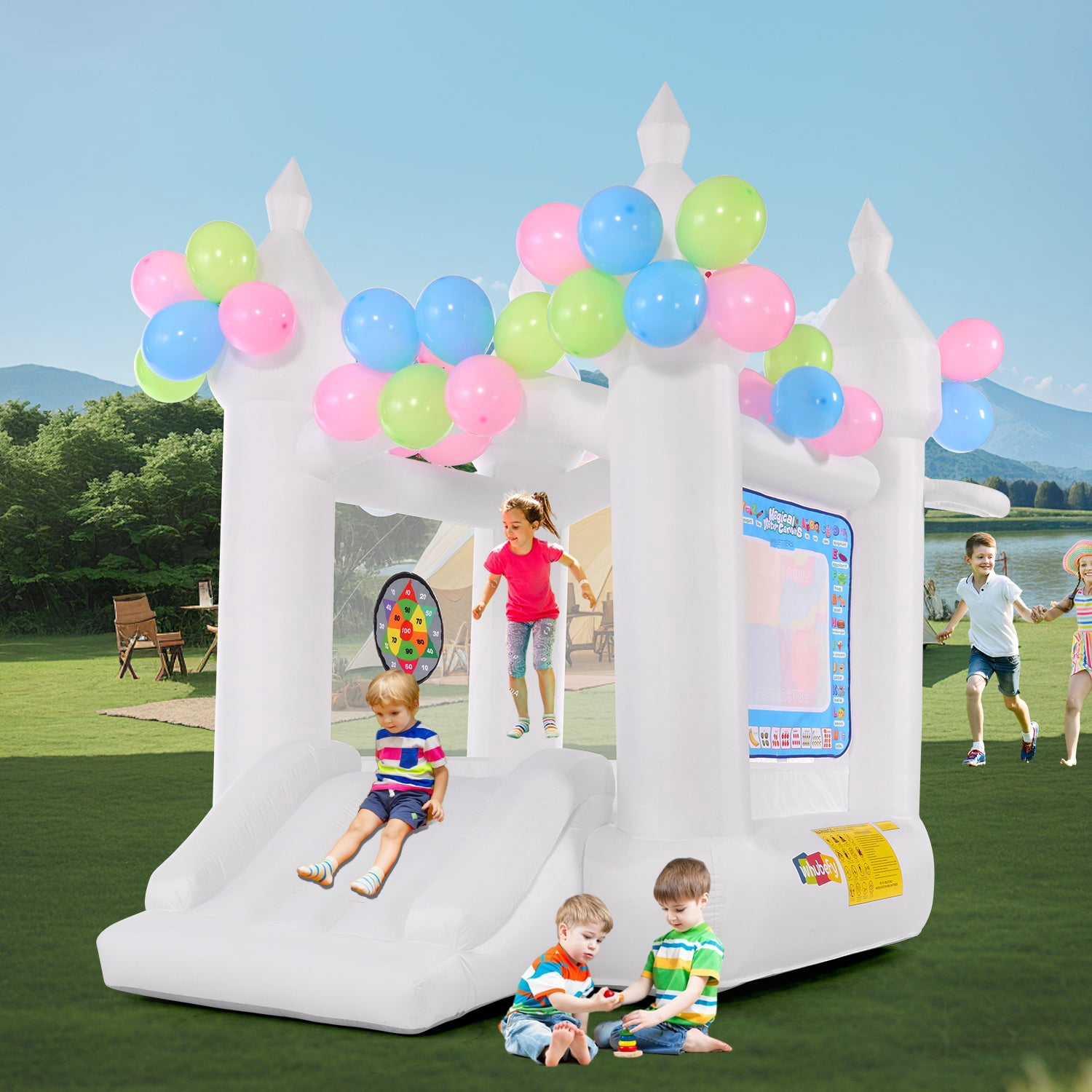 Funcid Inflatable Bounce House, Indoor Outdoor Bouncy Castle with Slide, Blower & 108 Air Balloons for Kids 3-8, 102"x70"x97", White