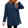thumbnail image 2 of Women's Fleece Lined Crewneck Sweatshirt, Longline Plush Pullover with Side Slits, Cozy Loungewear Top for Fall Winter, Comfortable Casual Wearfor Home Relaxation and Outdoor Activities Blue M, 2 of 5