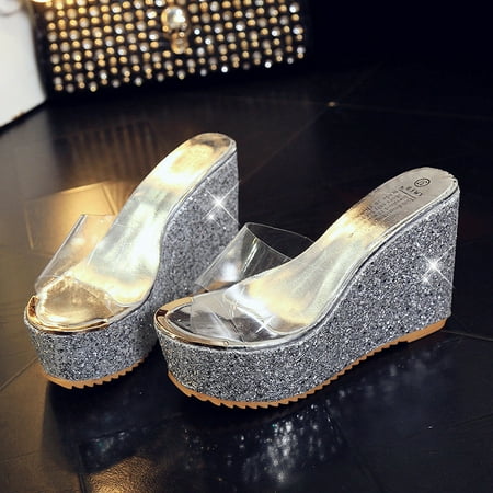 - 2018 High Fashion Womens Clear Peep Toe Sequins Wedge High Heels Platform Shoes Slippers Silver