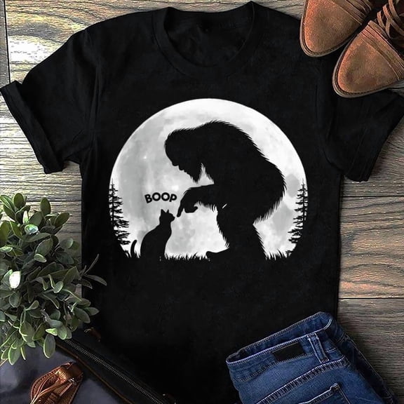Teeso Cat Shirt, Fun Hand Boop Nose Bigfoot Sasquatch Full Moon, Cat Lovers, Cat Shirt For Women, Navy S