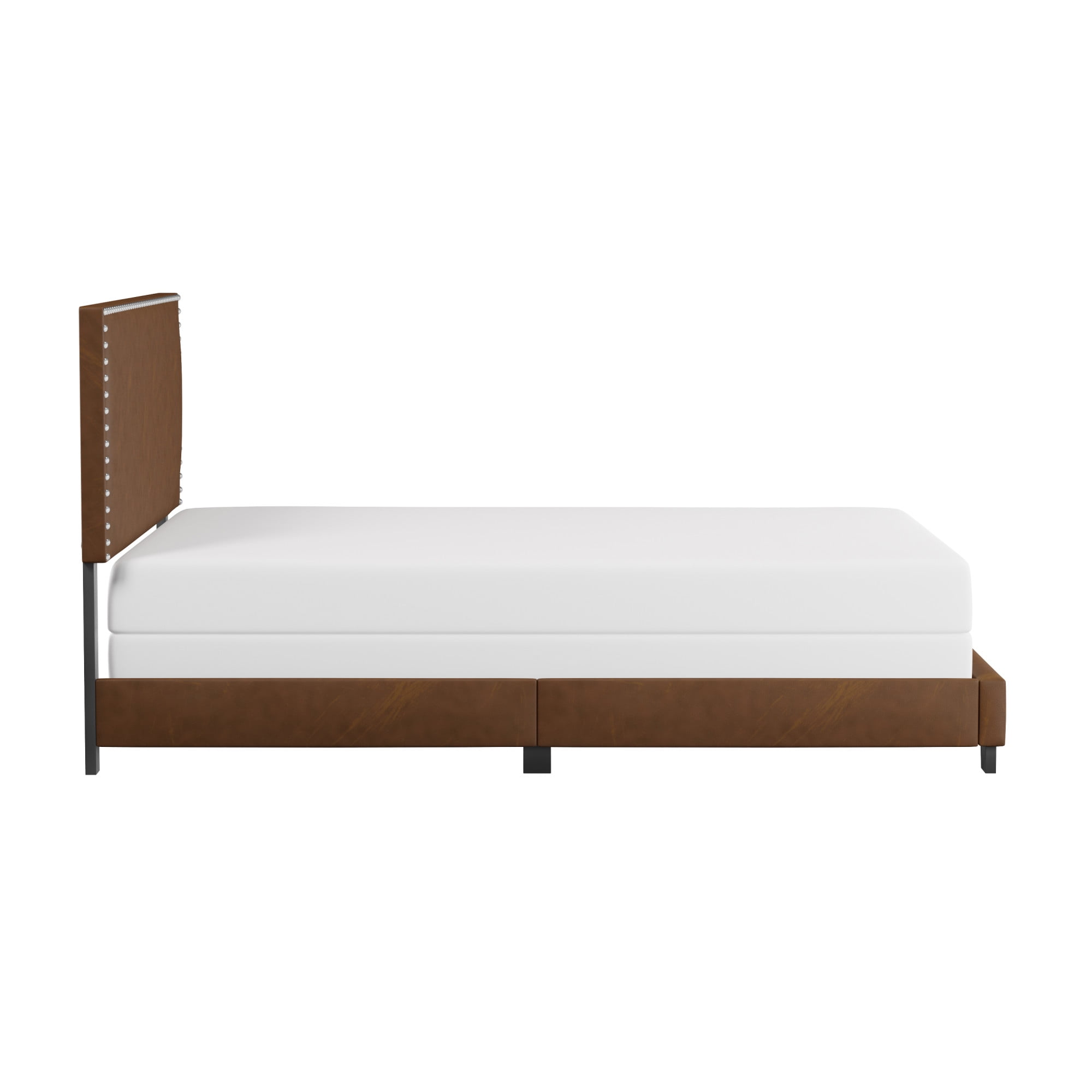 Willow Nailhead Trim Upholstered Queen Bed, Saddle Brown Faux Leather