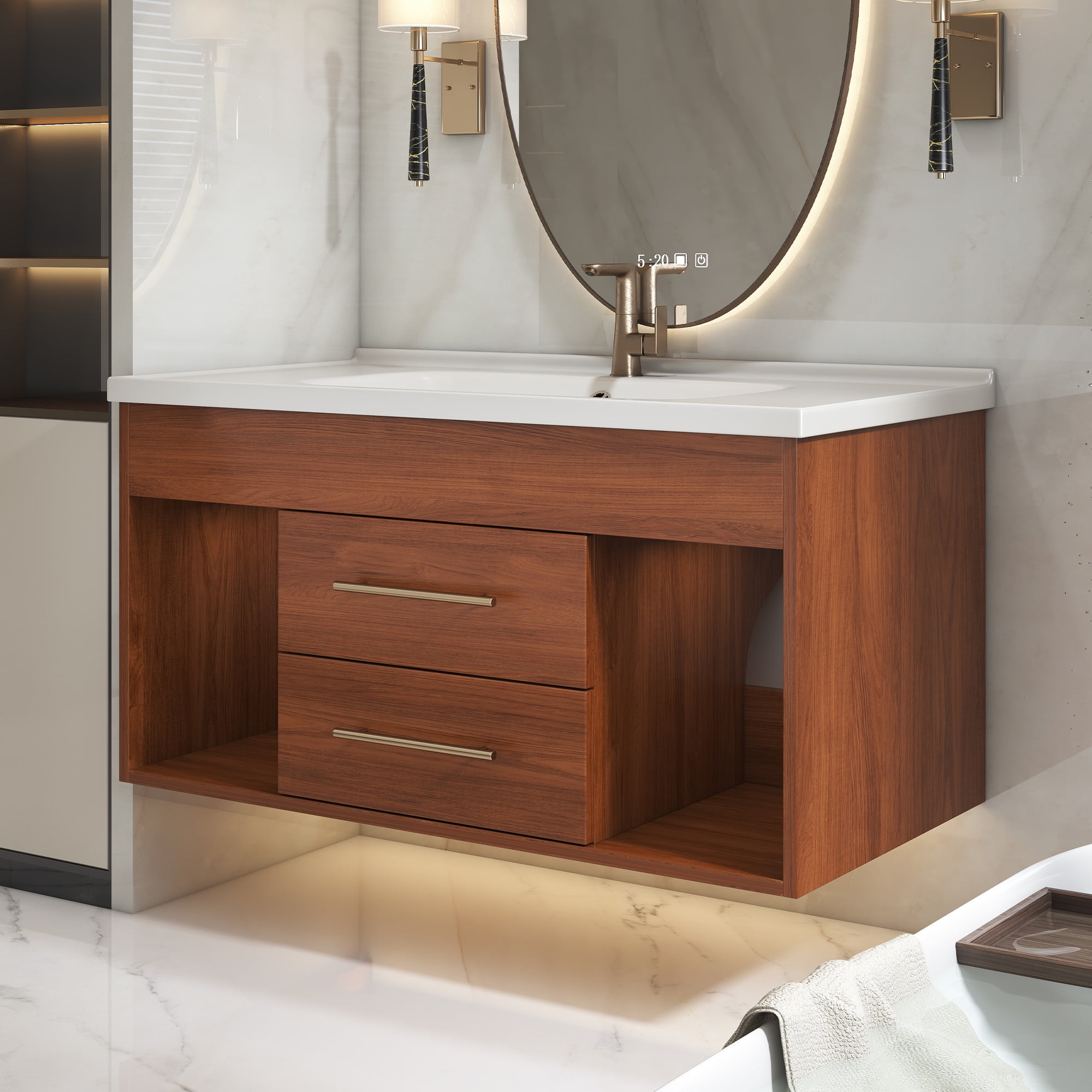 35.4" Mid-Century Modern Bathroom Vanity with Integrated Ceramic Sink, Freestanding Vanity with 2 Drawers & Open Shelf, White and Walnut