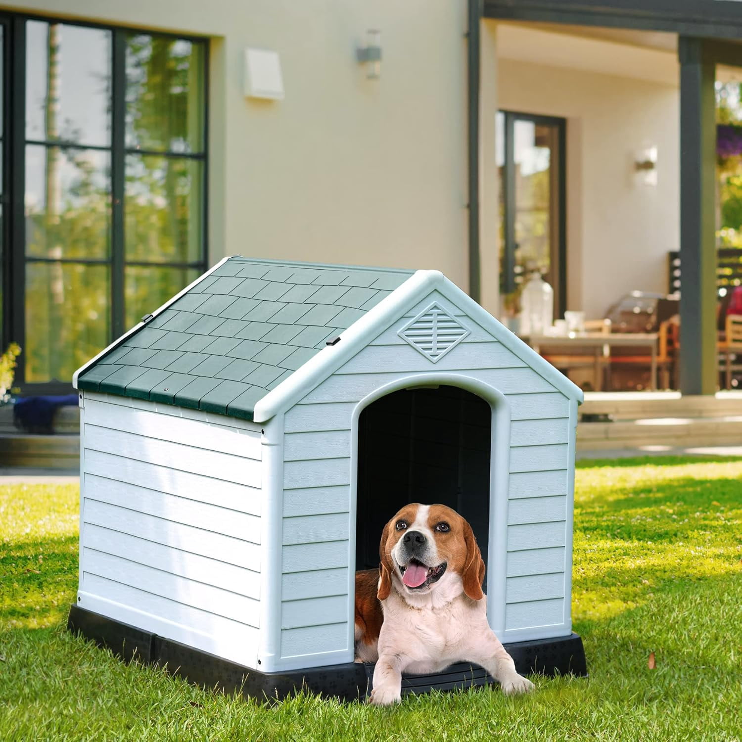 28.5'' Plastic Dog House Outdoor Indoor Doghouse Puppy Shelter Water Resistant Easy Assembly Sturdy Dog Kennel with Air Vents and Elevated Floor (28.5''L*26''W*28''H, Blue)