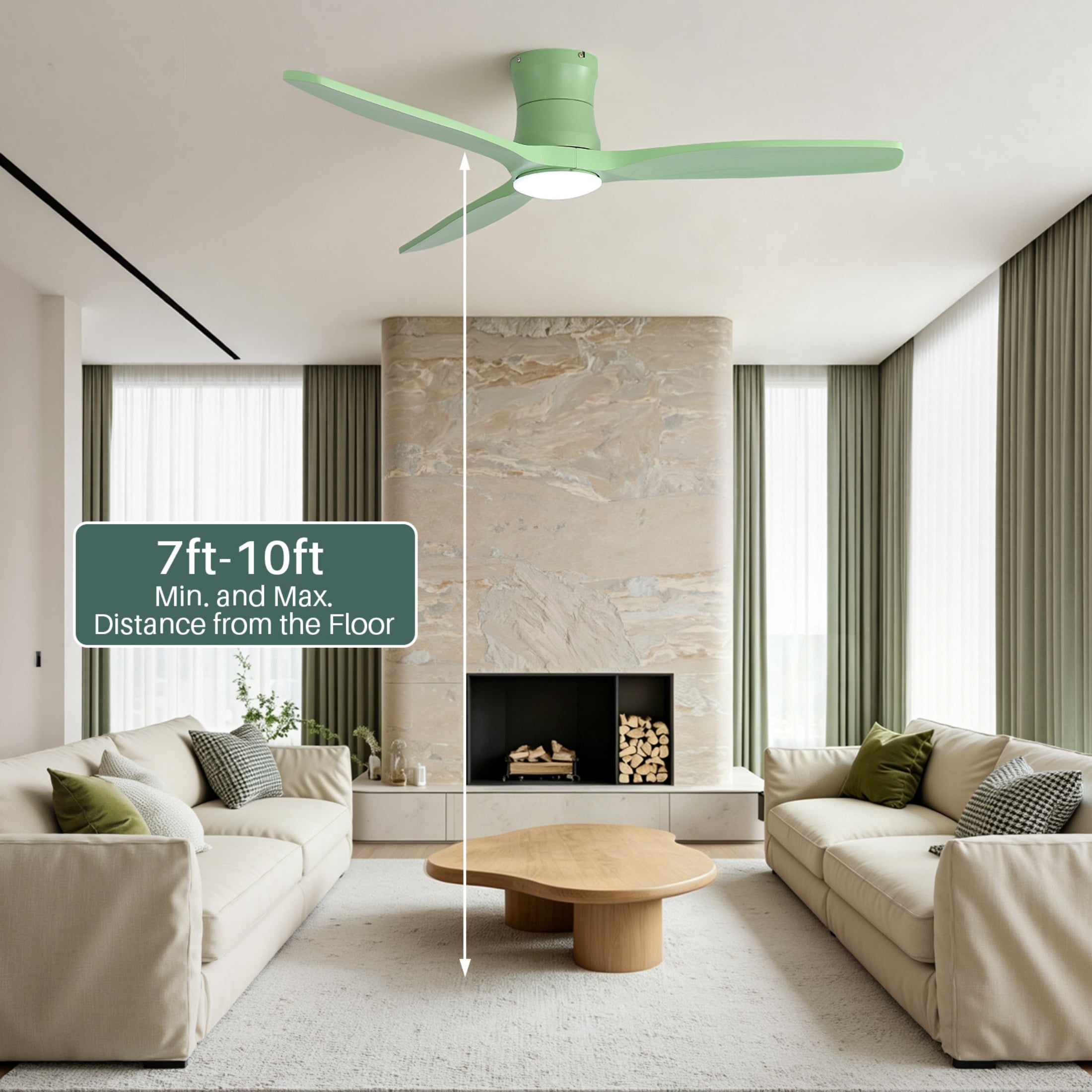 Sofucor 52 Inch Flush Mount Ceiling Fan with Light, Soft Green Finish, 3 Solid Wood Blades, 18W Dimmable 3-Color LED with Memory, 6-Speed Reversible DC Motor, Remote Control, Low Profile Ceiling Fan