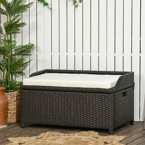 Outsunny Wicker Storage Bench Deck Box with Comfortable Cushion, Cream