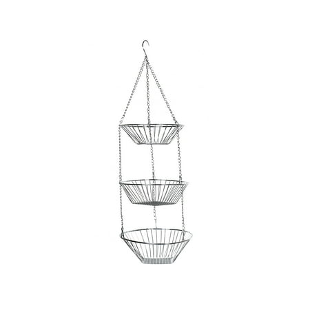 Home District Hanging Fruit Baskets - 3 Tiered Adjustable Chrome Wire Produce Storage Bowl Holders Hang from Ceiling