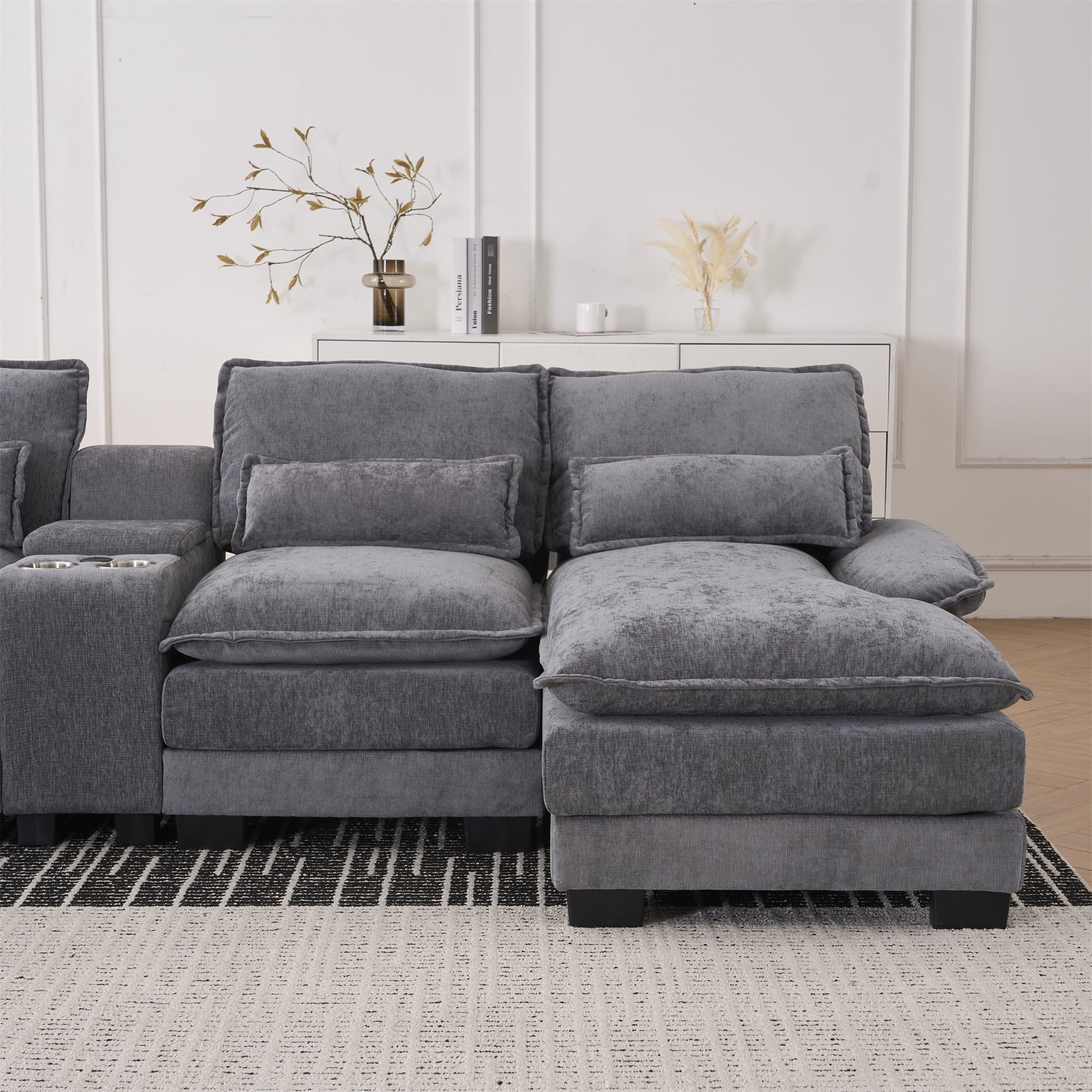 Aukfa 126" Oversized Sectional Sofa U-shaped Couch w/ Cupholder Console & USB Port for Living Room, Chenille, Gray