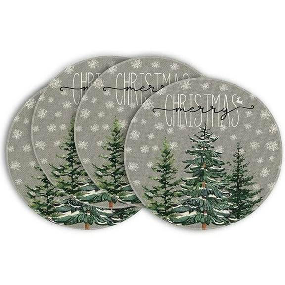Pine Tree Snowflake Merry Christmas Round Placemats Set of 4, 14 Inch Winter Xmas Holiday Round Table Mats for Dining Decoration