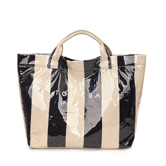 Black Striped Design Pvc Tote Bag Water-Resistant For Shopping Work Travel Commute