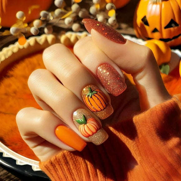 GCSQW, bonita purpurina dorada con forma de calabaza de Press on Nails, 24 unidades