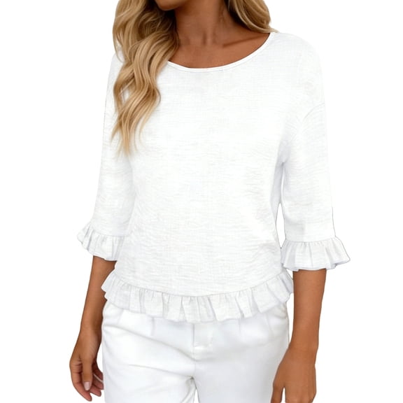 Wang6 Womens Plus Size Half Sleeve T Shirts Causal Loose Fit Ruffle Summer Tops Crew Neck Solid Tees Shirts White XL