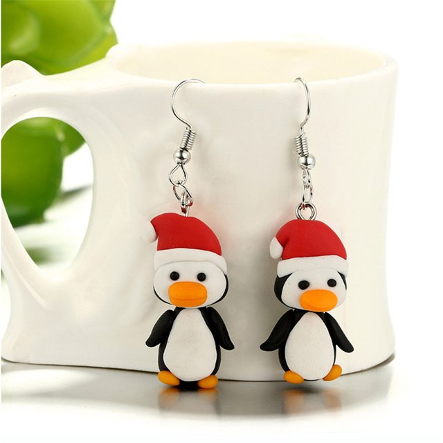 Pendientes colgantes de arcilla polimérica de aleación con dibujos animados para mujer (pingüino largo)