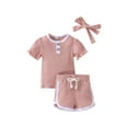 thumbnail image 1 of Liacowi 3Pcs Little Girls Sweet Style Outfit Clothes Set, Toddlers Summer Color Matching Lace Short Sleeve Round Collar Tops + Shorts + Headwear, 1 of 9